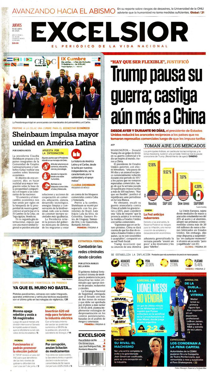 sergiofimbres's tweet photo. 📰 Toman sólo 2 al día tours del Tren Maya
📰 Trump pausa guerra tarifaria; repuntan mercados y el peso
📰 Trump pausa su guerra; castiga aún más a China
📰 Anuncia Trump pausa de 90 días enlos aranceles recíprocos
#Portadas #PrimerasPlanas #EnPortadas #FelizJueves https://t.co/rHTSmtimzY
