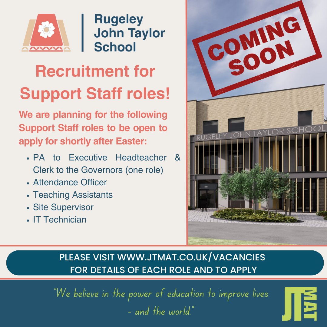 📢 As we head towards the Easter break, we wanted to let you know that we will be shortly opening recruitment for more Support Staff roles. 

Details of each role and how to apply will be found at: jtmat.co.uk/vacancies/