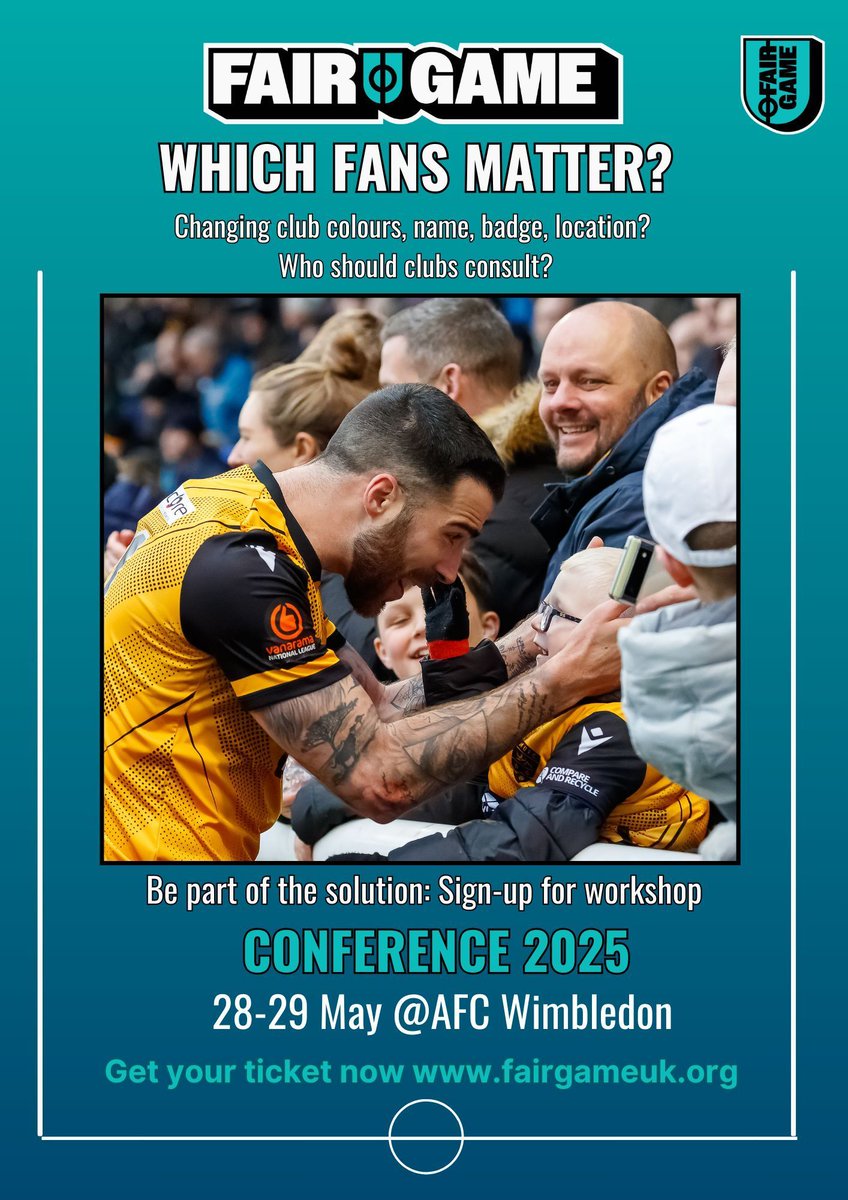FairGameUK's tweet photo. 🗣️ Who should football clubs listen to when making big decisions?
At #FGC25, we ask: What is a fan? And who should be consulted?
Join the Day One Fan Stream for this workshop.
🎟️ 2-day early bird: £150 until 25 April
👉 https://t.co/5kVq0609gi
#FanVoice #FootballSupporters https://t.co/MjGM6iTi9i