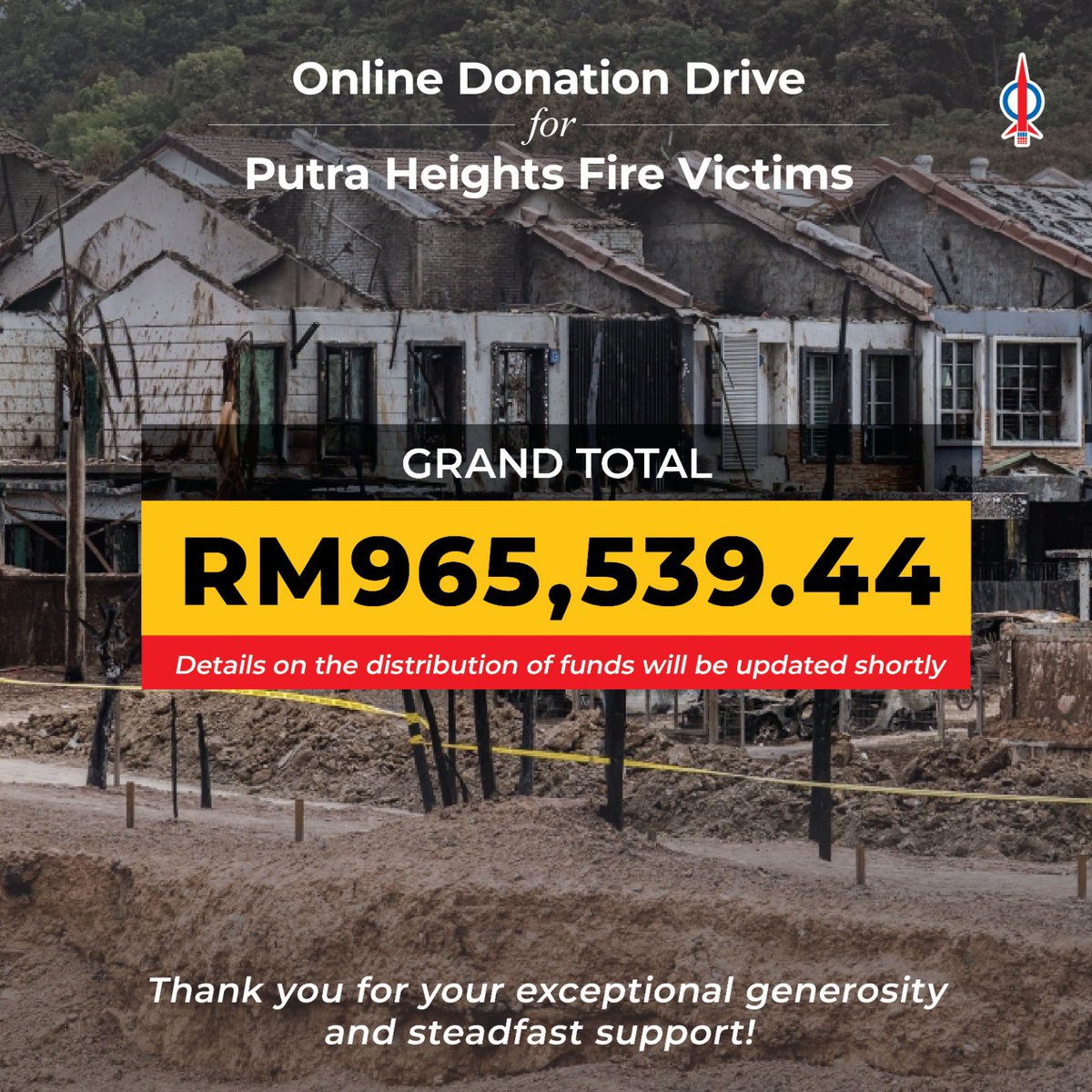 We would like to inform you that, as of 10/04/2025 at 6:35p.m., DAP Malaysia has received a total of RM965,539.44 in donations. We would like to extend our sincere appreciation to each and every one of you who contributed to the Putra Heights Fire Online Donation Drive.

Your