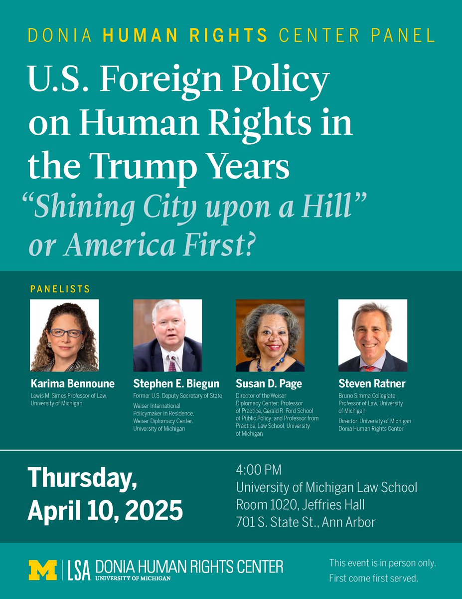 Happening today!  

What: DHRC Panel - U.S. Foreign Policy on Human Rights in the Trump Years: "Shining City upon a Hill" or America First?  When: Thurs, April 10th, 4pm  

Where: Jeffries Hall, Room 1020  

myumi.ch/9pPQ1 

#HumanRights #UofM #ForeignPolicy
