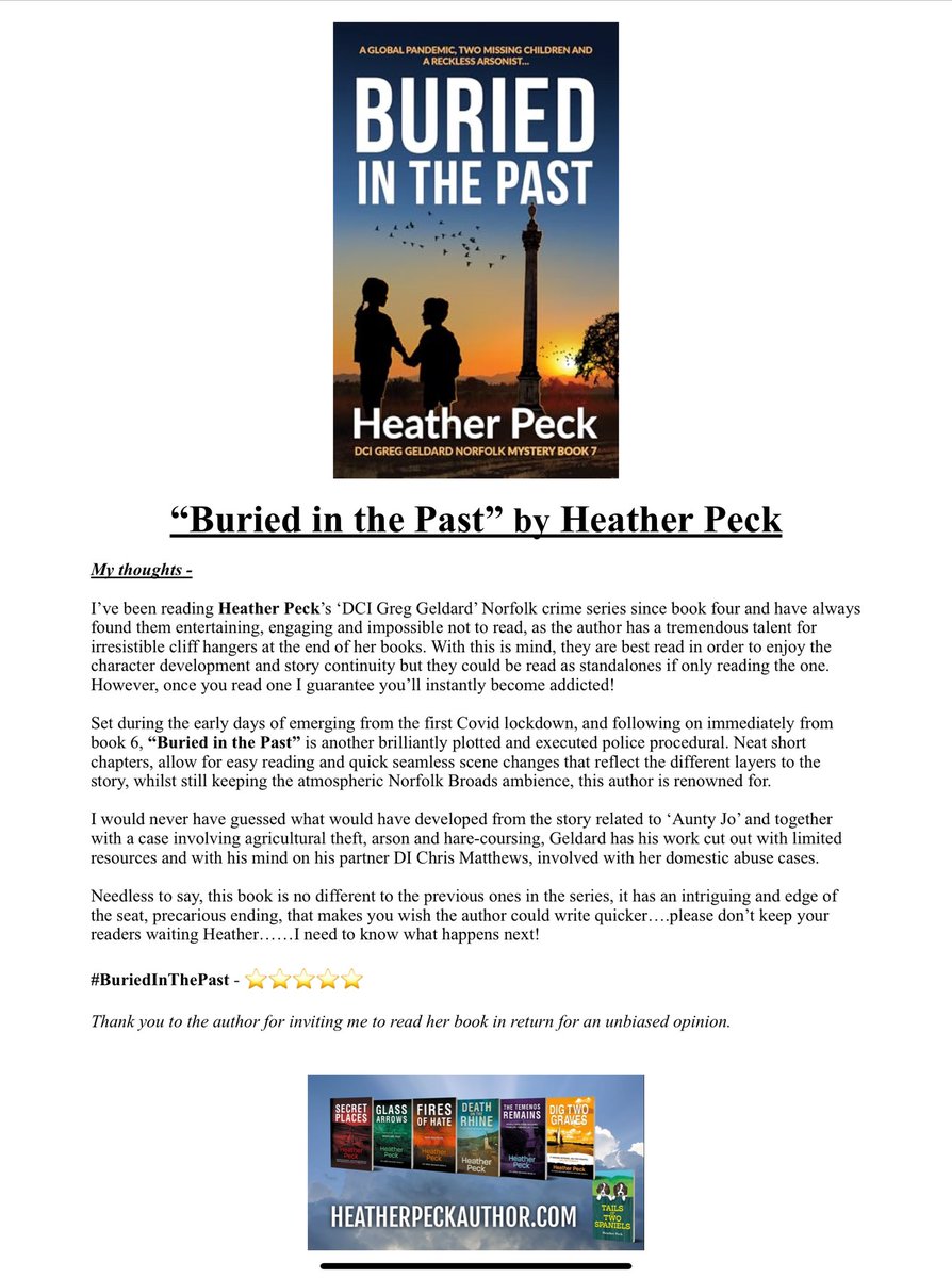 MiriamLSmith3's tweet photo. It’s been a pleasure once again to review Heather Peck’s latest novel in her #DCIGregGeldard crime series set in #Norfolk - #BuriedinthePast is book 7 and another fab thriller! 

#AMothersMusingsSunderland #AMakemMothersMusings #PoliceProcedural #5StarRead @HeatherLydia1 https://t.co/zs6oj5yxrH