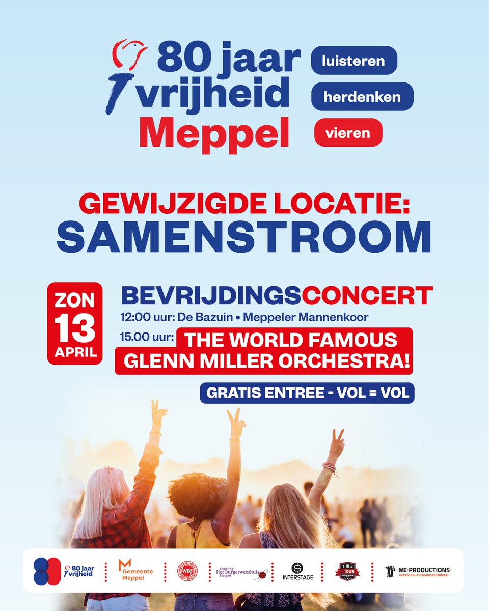 Op 13 april vier je de vrijheid tijdens het Bevrijdingsconcert. Met optredens door De Bazuin, Meppeler Mannenkoor en 𝗧𝗵𝗲 𝗪𝗼𝗿𝗹𝗱 𝗙𝗮𝗺𝗼𝘂𝘀 𝗚𝗹𝗲𝗻𝗻 𝗠𝗶𝗹𝗹𝗲𝗿 𝗢𝗿𝗰𝗵𝗲𝘀𝘁𝗿𝗮. Let op! Locatie is gewijzigd naar De Samenstroom. Gratis toegang, vol=vol.