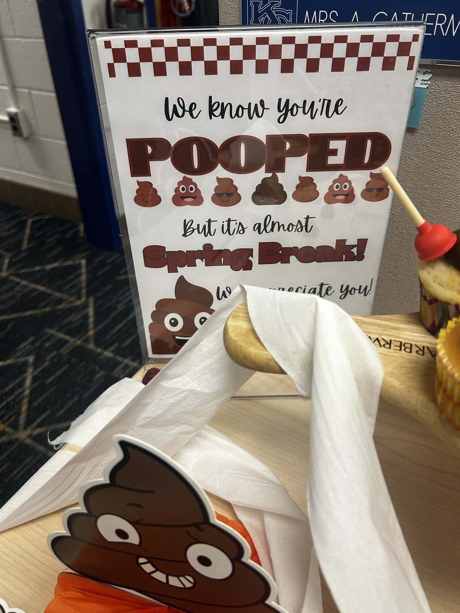 mgeorgevb's tweet photo. When a principal and office manager have the same sense of humor…this is how we support teachers the last few days of school before spring break. @KHS_Chiefs https://t.co/auute1gFw2