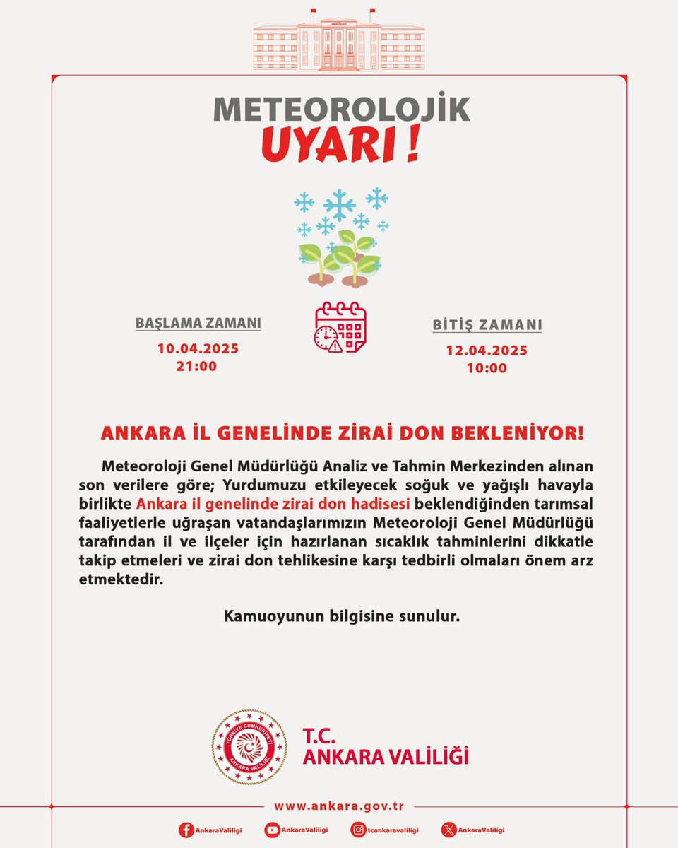 Meteoroloji Genel Müdürlüğü Ankara Bölge Tahmin ve Erken Uyarı Merkezi verilerine göre;

Ankara İl genelinde etkili olacak soğuk ve yağışlı havayla birlikte zirai don hadisesi bekleniyor❗️

Tarımsal faaliyetlerle uğraşan vatandaşlarımız dikkatli ve tedbirli olmalıdır.