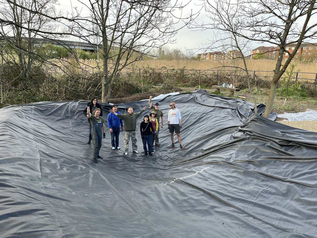 paulpowlesland's tweet photo. Looks like I’ve accidentally created a small lake without permission.

A few months ago I was clearing a rubbish strewn hollow beside the Roding & thought that as we don’t have any still standing water in the area, it would be a good place to install a pond. 

Using a digger to excavate it & volunteers to install the liner & it’s bigger than I expected, more a small lake than a pond! Although a bigger job than I expected, I’m determined to get it completed & filled for local wildlife. Am planning to put gravel on the bottom & mud from the river on the sides & let plant life naturally colonise rather than buying, but any hints or tips are welcome. 

If anyone is in London this Sunday & fancies joining a volunteer day in Barking to complete the pond, all help is very much welcome (drop me a message for the details).