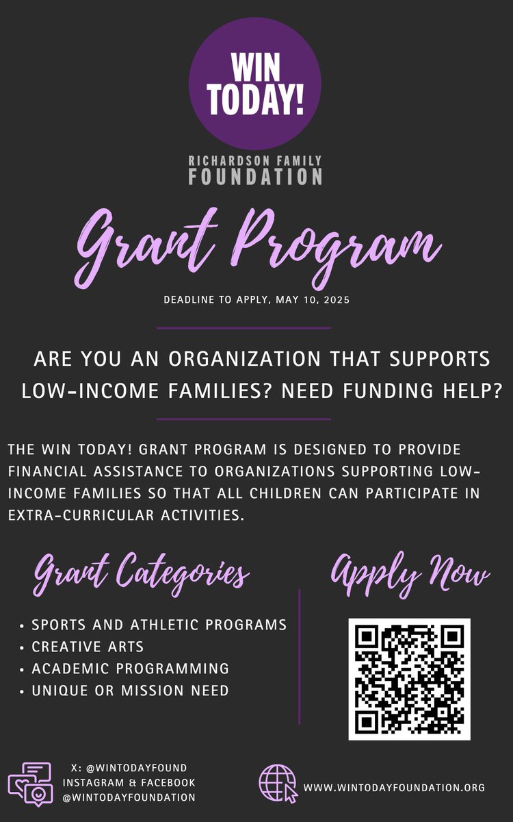 WinTodayFound's tweet photo. The WIN TODAY! Grant is now open! ✨✨This opportunity supports orgs helping low-income families access extracurriculars—sports, arts, academics &amp; more.

🗓️ Apply by May 10
💻 Link in apply: https://t.co/bBoA6S38mH

Let’s break barriers together! @coachkr10 
#YouthOpportunities https://t.co/tWymcqgZuB
