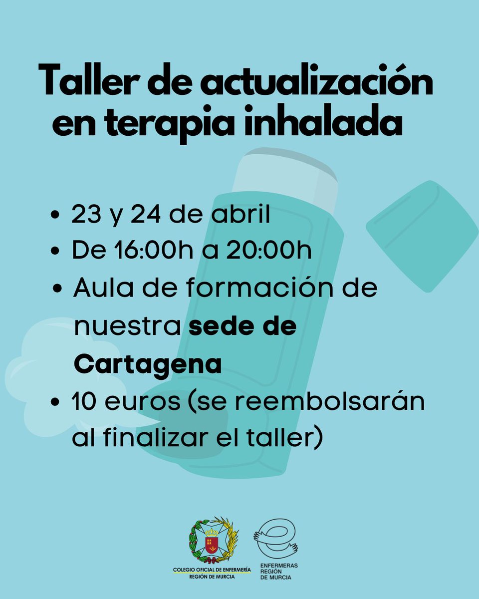 Últimas plazas para inscribirte al 'Taller de actualización de terapia inhalada' los días 23 y 24 en abril en nuestra sede Cartagena. El objetivo, facilitar las herramientas para mejorar los conocimientos sobre el uso de inhaladores. Toda la info aquí:

enfermeriademurcia.org/curso/taller-d…