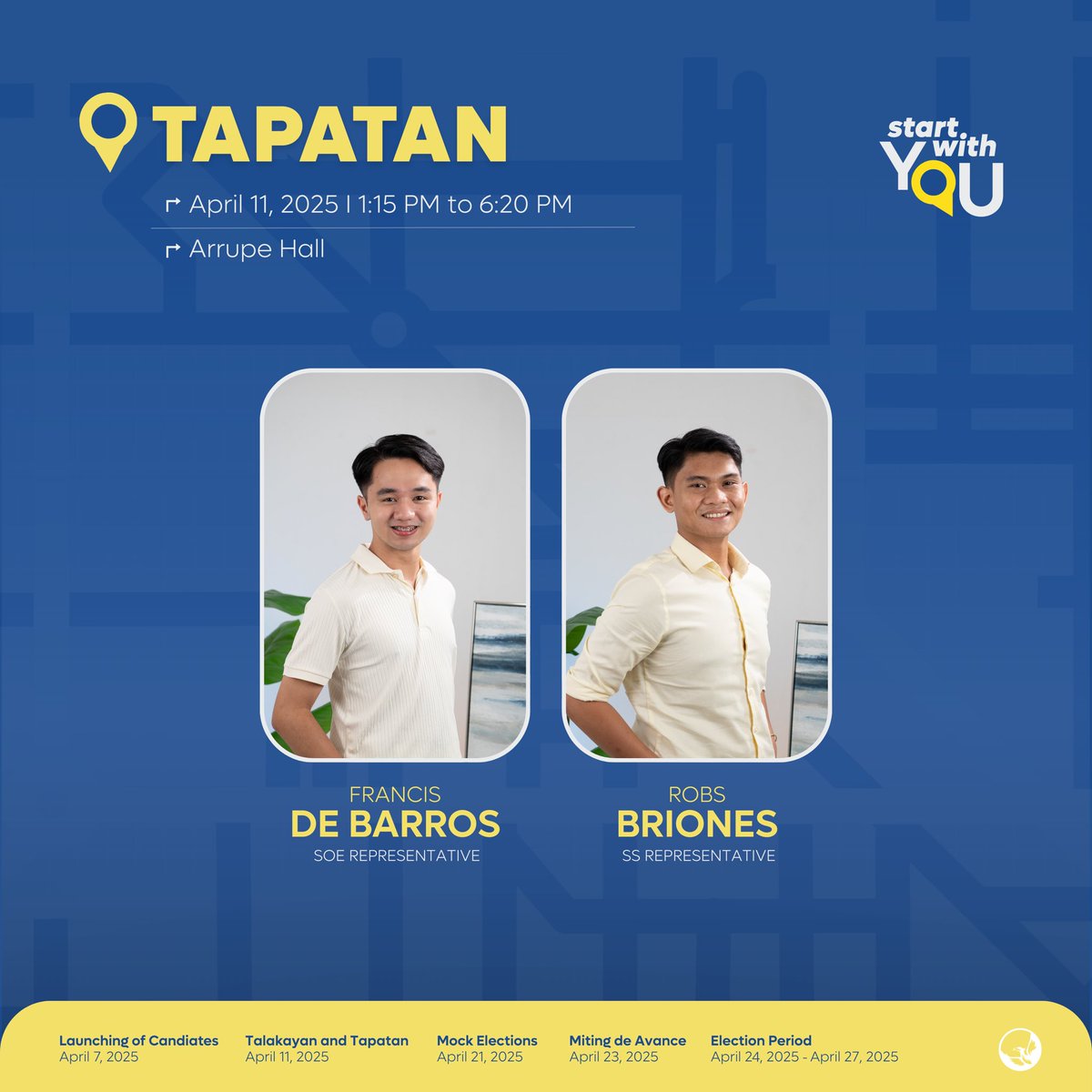 startwithyou25's tweet photo. Get ready for a compelling Tapatan and Talakayan tomorrow as Hannah, Judge, Ina, Mickyla, Filfred, Cyril, Francis, and Robs take the stage to tackle national, local, and university issues.

📍 Arrupe Hall
🕘 9:00 AM – 12:15 PM | Talakayan
🕐 1:15 PM – 6:20 PM | Tapatan https://t.co/GT9tMk9BLA