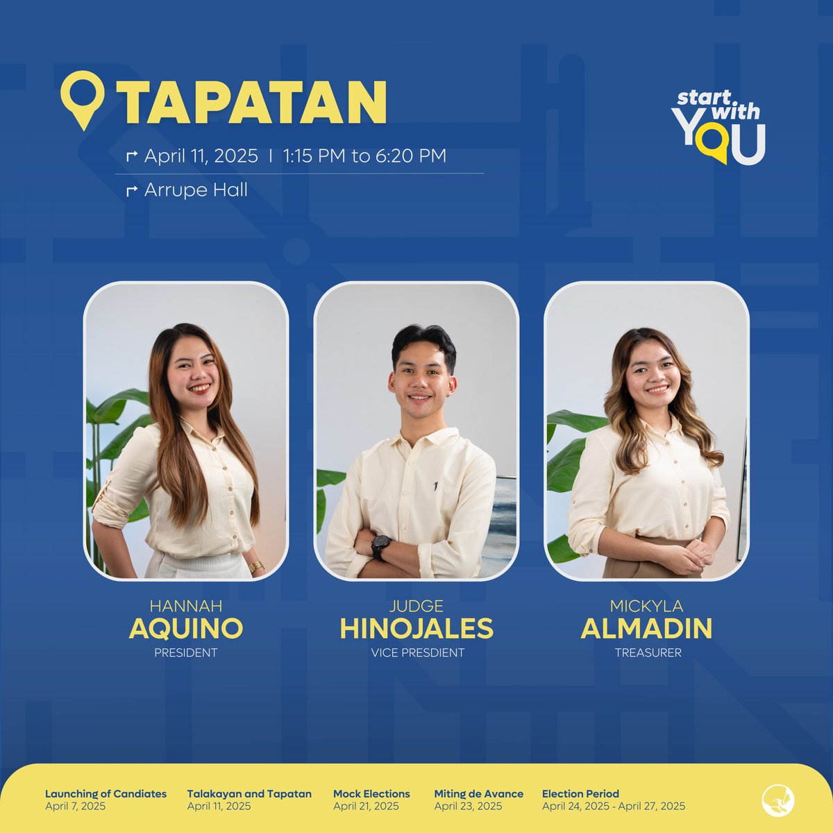 startwithyou25's tweet photo. Get ready for a compelling Tapatan and Talakayan tomorrow as Hannah, Judge, Ina, Mickyla, Filfred, Cyril, Francis, and Robs take the stage to tackle national, local, and university issues.

📍 Arrupe Hall
🕘 9:00 AM – 12:15 PM | Talakayan
🕐 1:15 PM – 6:20 PM | Tapatan https://t.co/GT9tMk9BLA