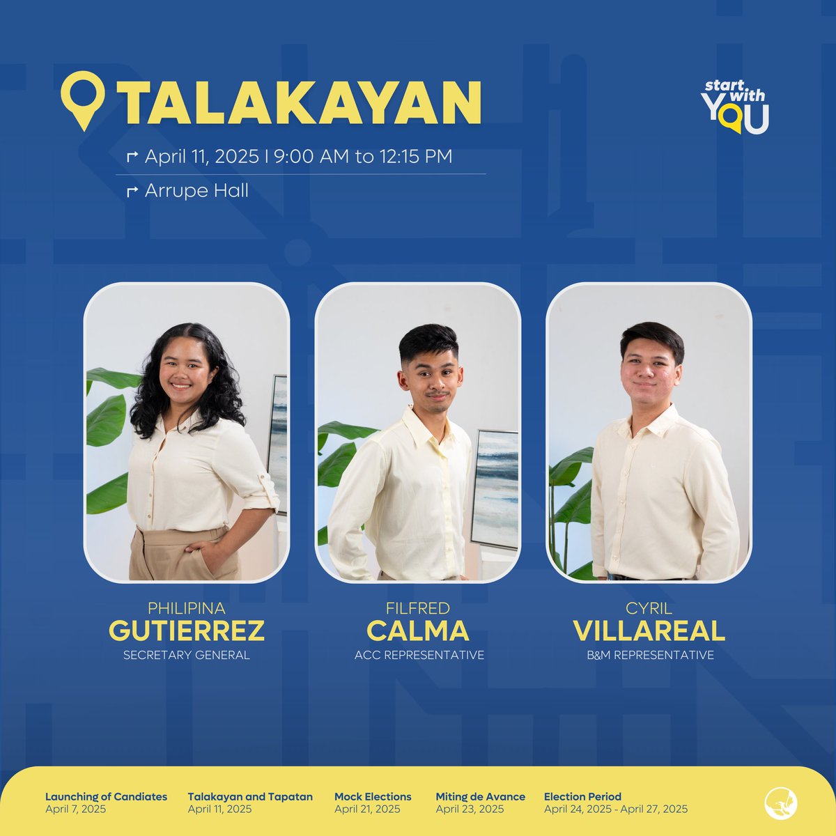 startwithyou25's tweet photo. Get ready for a compelling Tapatan and Talakayan tomorrow as Hannah, Judge, Ina, Mickyla, Filfred, Cyril, Francis, and Robs take the stage to tackle national, local, and university issues.

📍 Arrupe Hall
🕘 9:00 AM – 12:15 PM | Talakayan
🕐 1:15 PM – 6:20 PM | Tapatan https://t.co/GT9tMk9BLA