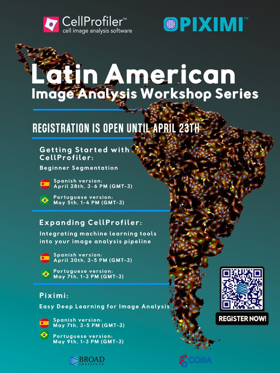 Esteban Miglietta (@emiglietta1) on Twitter photo 🚨Latin American Workshop Series🚨
The <a href="/CiminiLab/">Beth Cimini Lab 🔬💻 📊</a> from <a href="/broadinstitute/">Broad Institute</a> and <a href="/COBA_NIH/">Center for Open Bioimage Analysis</a> will host a free, hands-on image analysis workshops for LATAM... in SPANISH🇪🇸 and PORTUGUESE🇧🇷!!!🎉🎊
broad.io/latam_workshop…
Deadline: April 23rd, 2025 🚨Latin American Workshop Series🚨
The <a href="/CiminiLab/">Beth Cimini Lab 🔬💻 📊</a> from <a href="/broadinstitute/">Broad Institute</a> and <a href="/COBA_NIH/">Center for Open Bioimage Analysis</a> will host a free, hands-on image analysis workshops for LATAM... in SPANISH🇪🇸 and PORTUGUESE🇧🇷!!!🎉🎊
broad.io/latam_workshop…
Deadline: April 23rd, 2025