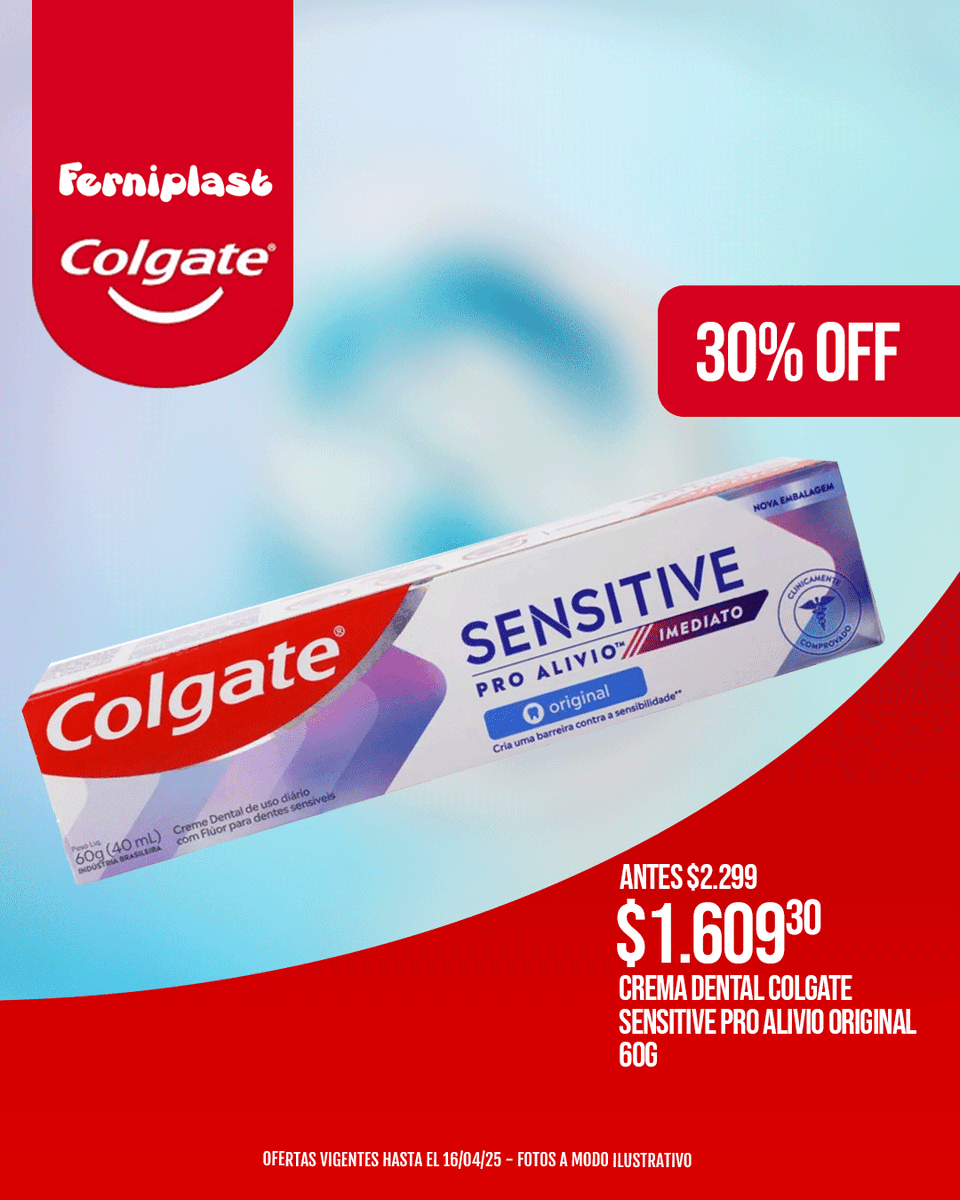 Productos Colgate para cuidar tu salud bucal 😁​
Conseguilo con 30% de descuento en todos los locales de #Ferni y en #Fernionline ferniplast.com

Ofertas vigentes hasta el 16-04-25 o hasta agotar stock en tiendas físicas y online
📸 Fotos a modo ilustrativo.
