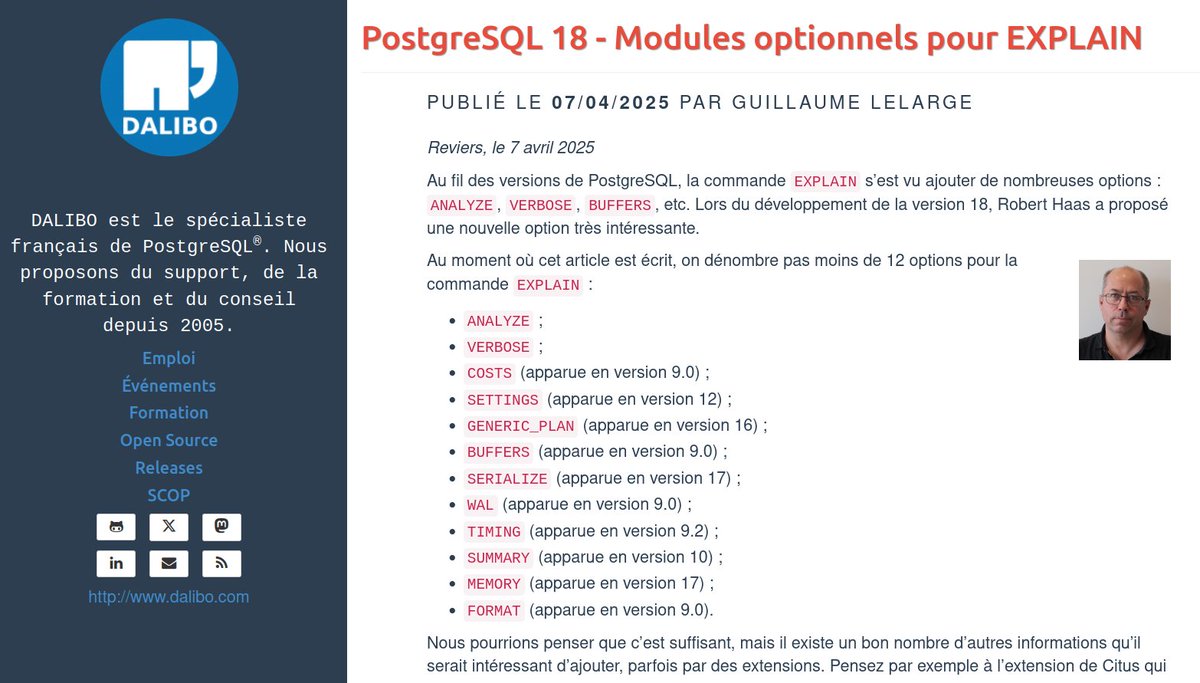 dalibo's tweet image. Continuons à explorer les nouveautés de #PostgreSQL18 ! Ce mois-ci, on vous parle de la nouvelle option pour la commande EXPLAIN, proposée par @robertmhaas => dali.bo/202504_pg18
#SGBD #DBA
#opensource #logicielsLibres