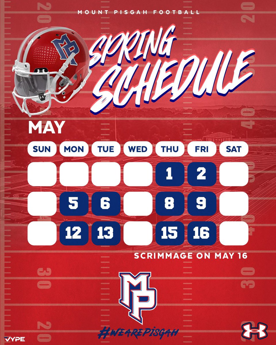 Spring Practice is approaching! All practices will be from 5-7pm at the PAC. College Coaches stop by and see what we’ve got going on here at Mount Pisgah!

#TOGETHER #WeArePisgah