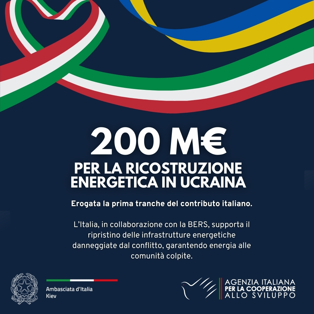 Aics_Kiev's tweet photo. 🇮🇹 Italy disburses the first tranche of its €100M contribution to Ukraine’s energy recovery, part of a €200M initiative with @EBRD. A concrete step to restore energy infrastructure and support affected communities. ⚡️ 

https://t.co/1C30d0qBCq

@italyinukr @aics_it https://t.co/byNLYNoBBM