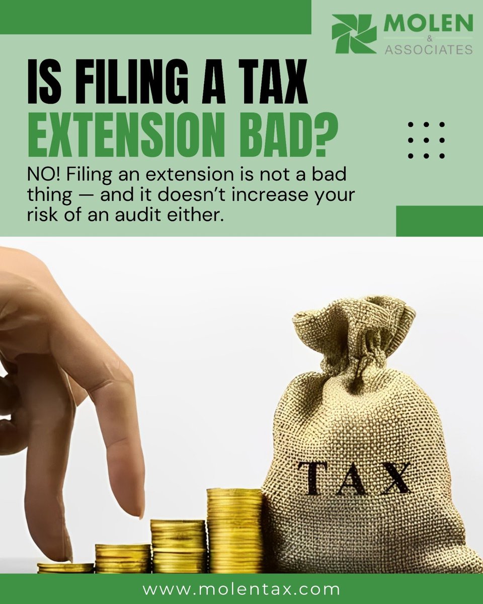 molentax's tweet image. Short answer: NO! Filing an extension is not a bad thing — and it doesn’t increase your risk of an audit either.

In fact, filing an extension is super common and can be a smart move when:

→ You’re waiting on tax documents
.
#MolenAndAssociates #TaxExtension #FileWithConfidence