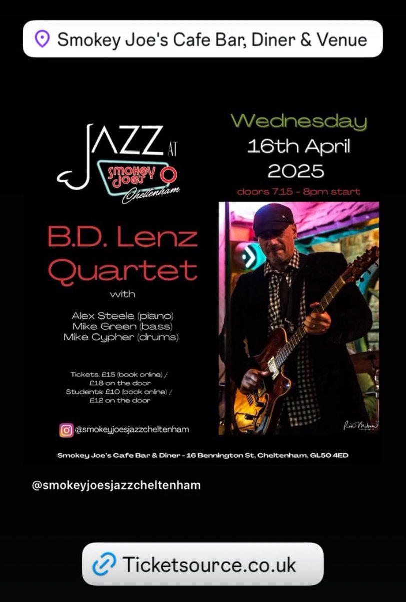 Smokey Joe's Chelt (@smokeyjoeschelt) on Twitter photo Don’t forget to get tickets for the brilliant <a href="/bdlenz/">B.D. Lenz</a> playing at the #SmokeyJoesJazzClub on Wed April 16th. Flown in from the US! Call 01242 513744 to book a table for dinner. Tickets -
ticketsource.co.uk/whats-on?q=Smo…
#jazz #cheltenham <a href="/OurChelt/">OurChelt</a> <a href="/KimCypher/">Kim Cypher</a> <a href="/alexsteele_uk/">Alex Steele</a> <a href="/MikeGreenBass/">Mike Green</a> Don’t forget to get tickets for the brilliant <a href="/bdlenz/">B.D. Lenz</a> playing at the #SmokeyJoesJazzClub on Wed April 16th. Flown in from the US! Call 01242 513744 to book a table for dinner. Tickets -
ticketsource.co.uk/whats-on?q=Smo…
#jazz #cheltenham <a href="/OurChelt/">OurChelt</a> <a href="/KimCypher/">Kim Cypher</a> <a href="/alexsteele_uk/">Alex Steele</a> <a href="/MikeGreenBass/">Mike Green</a>