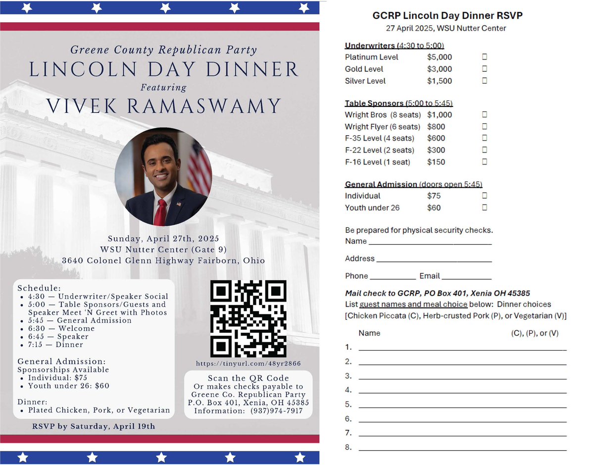 gcrpoh's tweet photo. We are so excited to have Vivek Ramaswamy as speaker at our Lincoln Day Dinner at the Nutter Center on 27 April! THANK YOU to our UNDERWRITERS: Bob &amp; Mary Nutter, Attorney Wayne Waite &amp; Dr. Christina Waite, Anita Swan, and Aaron Fortener. Please RSVP by Saturday, April 19 https://t.co/aJ52AkhWw0