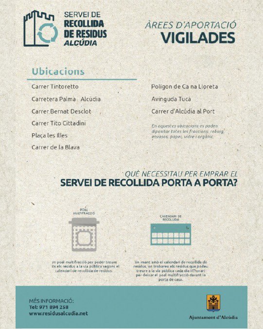 ajtalcudia's tweet photo. 📢 Nou sistema de recollida domiciliària a Alcúdia ♻️

Atenció veïns i veïnes de Sa Marina, Barcarés, Manresa, Malpas, Bonaire, Ca S'Anglés i Poblat Aurora Picornell (antic Poblat Marquès de Suances): https://t.co/DE8GE7XQvJ