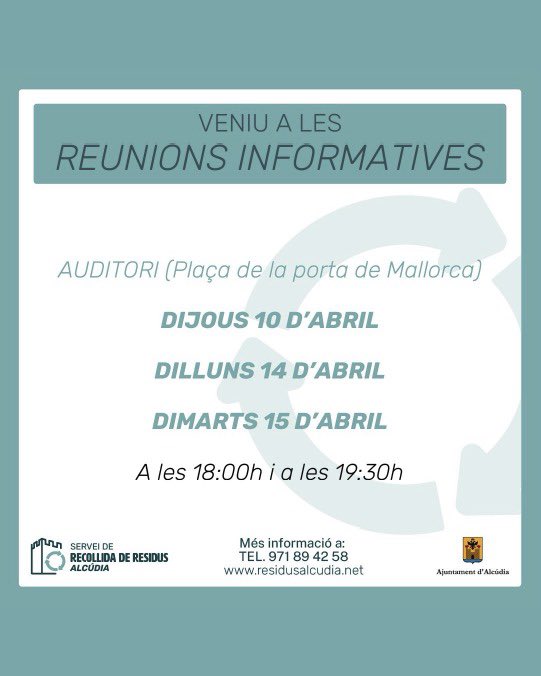 ajtalcudia's tweet photo. 📢 Nou sistema de recollida domiciliària a Alcúdia ♻️

Atenció veïns i veïnes de Sa Marina, Barcarés, Manresa, Malpas, Bonaire, Ca S'Anglés i Poblat Aurora Picornell (antic Poblat Marquès de Suances): https://t.co/DE8GE7XQvJ