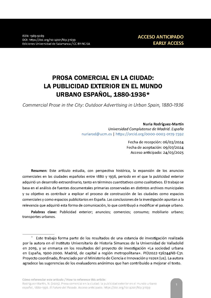 FdPRevista's tweet photo. 📢 Artículo en acceso anticipado en El Futuro del Pasado

📝 Prosa comercial en la ciudad: la publicidad exterior en el mundo urbano español, 1880-1936, de Nuria Rodríguez-Martín

#PublicidadExterior #Anuncios #Comercio 
#MobiliarioUrbano

🔗 https://t.co/5s36gFCqdN https://t.co/FU9gY8nqrg