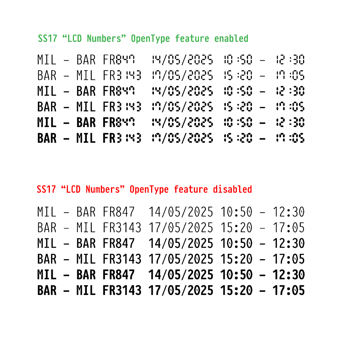 fabrizioschiavi's tweet photo. Just added!
OpenType feature ss17 - LCD Numbers

https://t.co/yVV2vHh9y0

#pragmatapro #codingfont #coding #opentype #features #lcd https://t.co/7xPHFGPPIQ