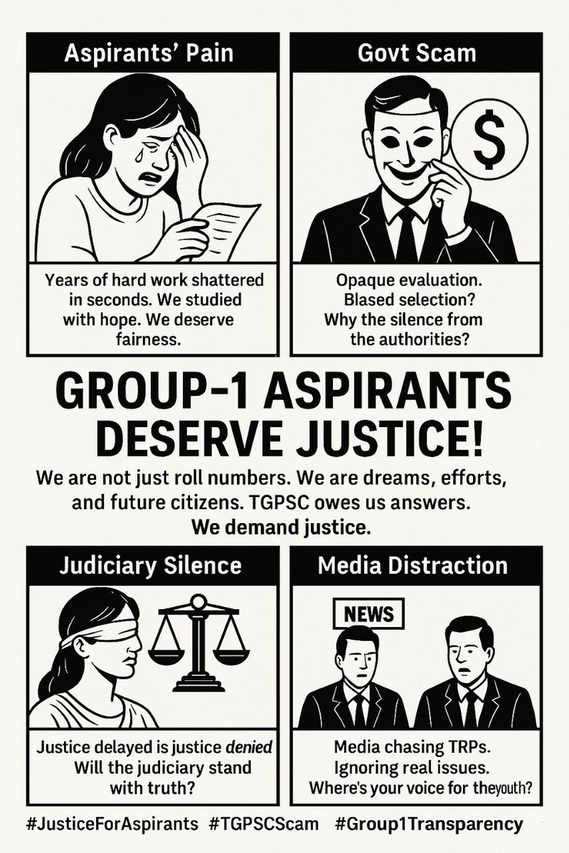 AspirantsTspsc's tweet photo. The dream of Telangana's underprivileged youth, the Group-1 exam, has become a cruel nightmare. Betrayal by TGPSC through repeated cancellations and a deeply flawed process – from a faulty prelims key defended by Wikipedia to the devastating blow of a mains exam evaluated so poorly that handwriting seemed to matter more than their hard-earned knowledge. Their voices were ignored in court, pleas dismissed on technicalities while their own Telugu Academy was disregarded. GO29, meant for merit, has instead snatched away their rightful opportunities, with a shocking over 47% of posts now secured by the OC category, despite their smaller population. Their mother tongue, Telugu, faces neglect and bias in the very exam meant to uplift them. Even the courts, their last desperate hope, offered no solace. Their struggle for justice under GO55 continues, a heart-wrenching cry from the soul of a state born from fighting for the marginalized. Will Telangana finally hear their desperate, broken cries?

@revanth_anumula
@TelanganaCMO
@INCTelangana @OffDSB @UttamINC @Bhatti_Mallu @kishanreddybjp @bandisanjay_bjp @KTRBRS @RSPraveenSwaero @sravandasoju @RakeshReddyBRS @Murali_IASretd @TeenmarMallanna @RaghunandanraoM @dr_mvreddy