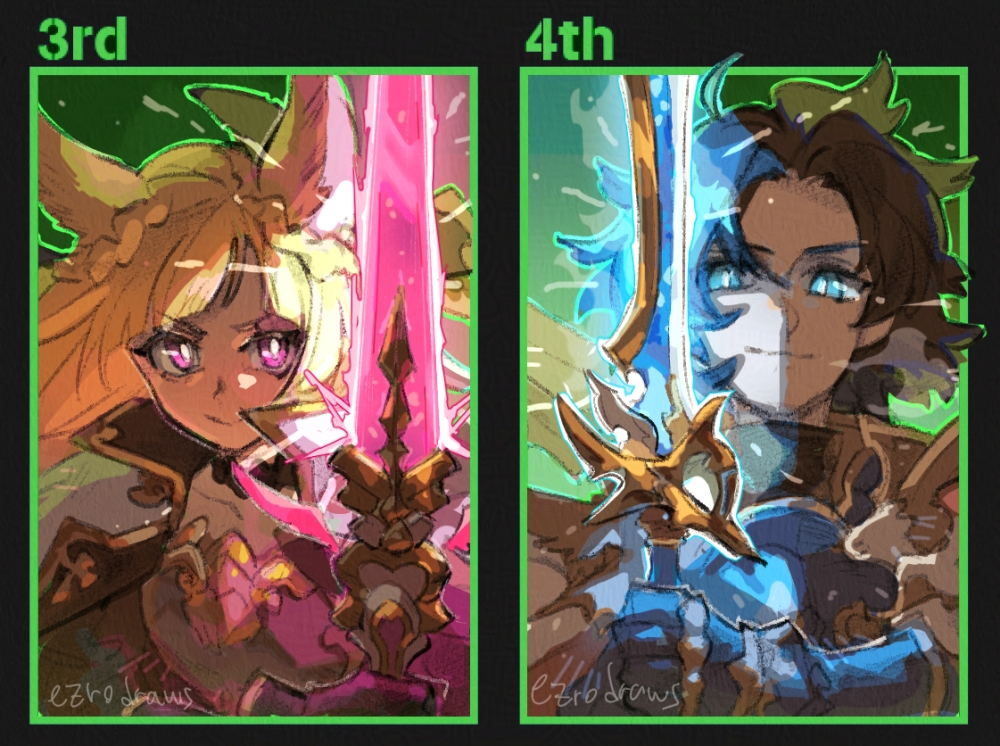 [GBF] personal fav boxes from the bday ticket template! got blessed with dupes of cool wind swords so i drew them both being cool