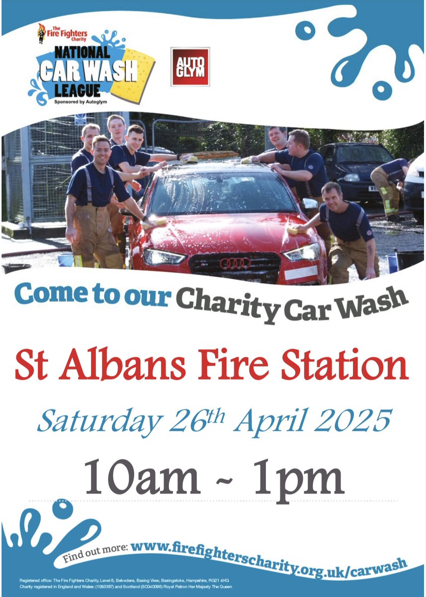 HertsFRSControl's tweet photo. St Albans are hosting a charity car wash on 26th April. In aid of the Firefighters Charity and MIND. FF Warren Wyeth St.Albans Green Watch is also running the London Marathon on the 27th April. https://t.co/Gzf65GPnZT