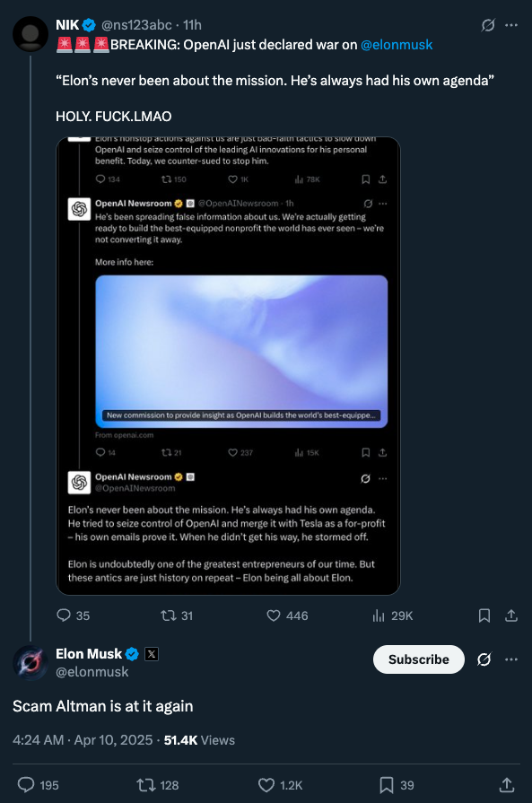 thealexbanks's tweet photo. It's incredible we get to watch the oAI vs xAI battle unfold in real time on this platform.

A tech war of the ages. https://t.co/aRXwY1Eu6C