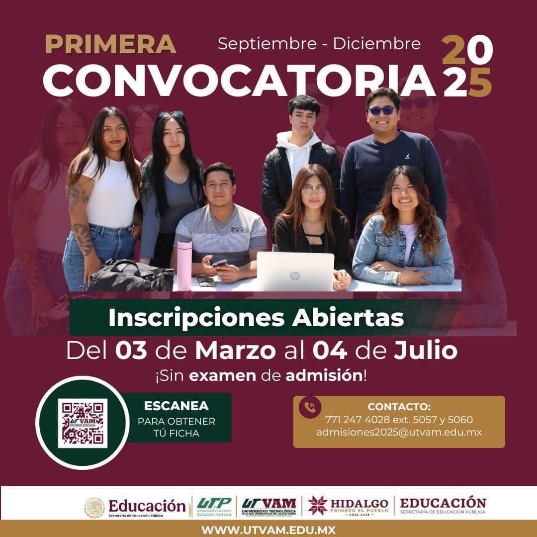 ¡Conviértete en un profesional y construye tu futuro con nosotros!
Abrimos Convocatoria para Nuevo Ingreso 2025. 

📍Consulta todos los requisitos aquí:
utvam.edu.mx/Inicio/docs/CO…
📌Estamos en Los Héroes Tizayuca.
#SomosUTVAMtizayuca 
#UniversidadPúblicaDeExcelencia