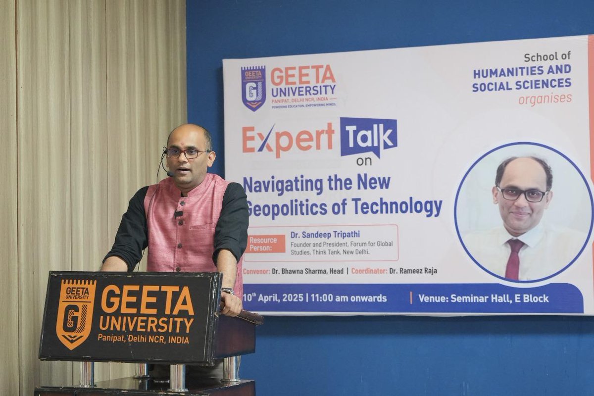 studies_forum's tweet photo. Had the pleasure of delivering an Expert Talk at Geeta University on “Navigating the New Geopolitics of Technology.”

Loved the energy &amp; sharp questions from the students!

#GeetaUniversity #ExpertTalk #Geopolitics #Technology #Leadership https://t.co/bOCXR1yOWg