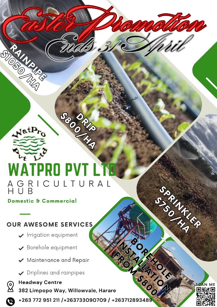 Secure your Irrigation and Poultry equipment for the Easter and Independence Holiday. For orders call or app +263772951211 or visit us at 382 Limpopo Way, Willowvale close to Southerton Police Harare
