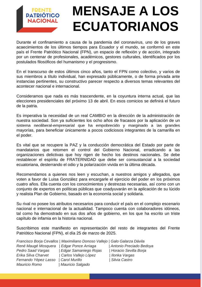 FPNEcuador's tweet photo. 🟡🔴🔵 ¡Este 13 de abril votamos con memoria!
Votamos por la vida, por la dignidad, por las familias.

@LuisaGonzalezEc no está sola.
Estamos millones hartos del miedo, del desgobierno y de la violencia.

¡Vamos con fuerza!
#LuisaPresidenta
#LuisaPorLaVida
#EcuadorDecide https://t.co/lhSvzBNXCW