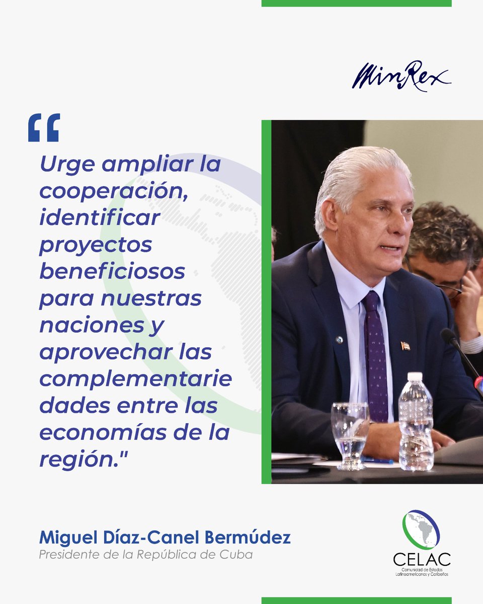 GobiernoCuba's tweet photo. 🗣 @DiazCanelB |

 "Urge ampliar la cooperación, identificar proyectos beneficiosos para nuestras naciones y aprovechar las complementariedades entre las economías de la región."

🌎 | IX Cumbre de Jefes de Estado y de Gobierno de la #CELAC. https://t.co/6VEcn5O5w2