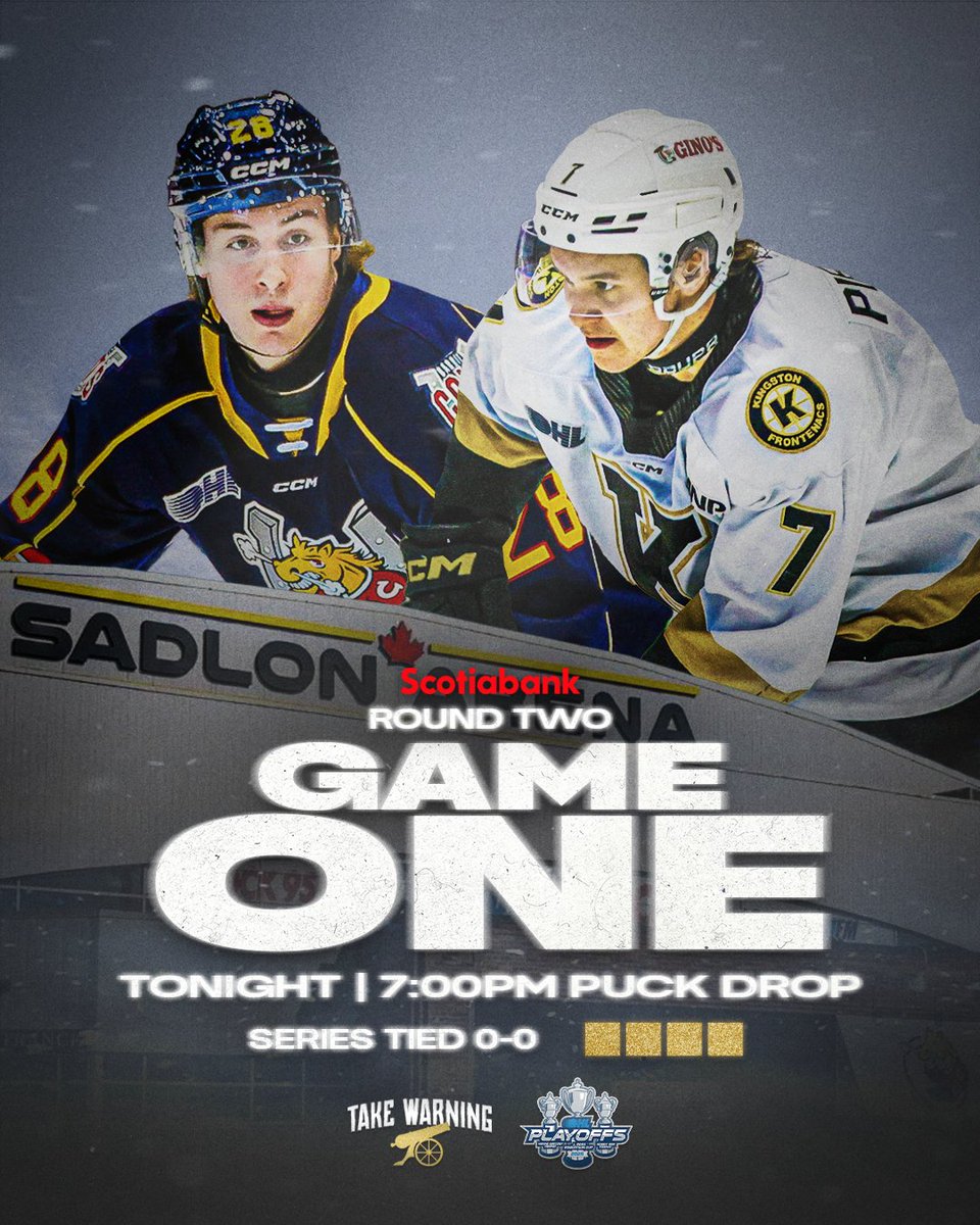 new series, same goal. game one goes tonight.

🆚 | <a href="/OHLBarrieColts/">Barrie Colts</a> 
🏟️ | Sadlon Arena
⏰ | 7PM
📺 | <a href="/yourtvkingston/">yourTV Kingston</a>//OHL Live
📻 | 102.7 WOW FM//Kingston's New Country 98.9

#TakeWarning | <a href="/scotiabank/">Scotiabank</a>
