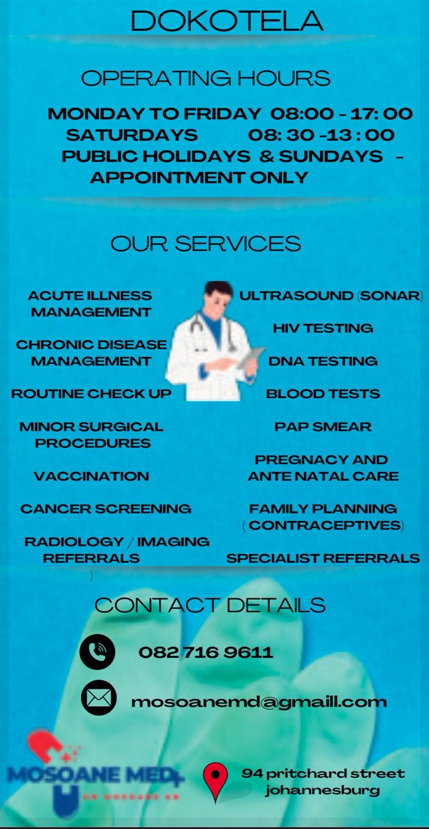 DrMosoane's tweet photo. Your new favourite friendly Doctor in Central Johannesburg .

Affordable Quality Patient and family orientated primary health care . 

Find us at 94 Pritchard street , Johannesburg

within Tothills Pharmacy , just in front of Johannesburg High court https://t.co/z0NTc8Bess