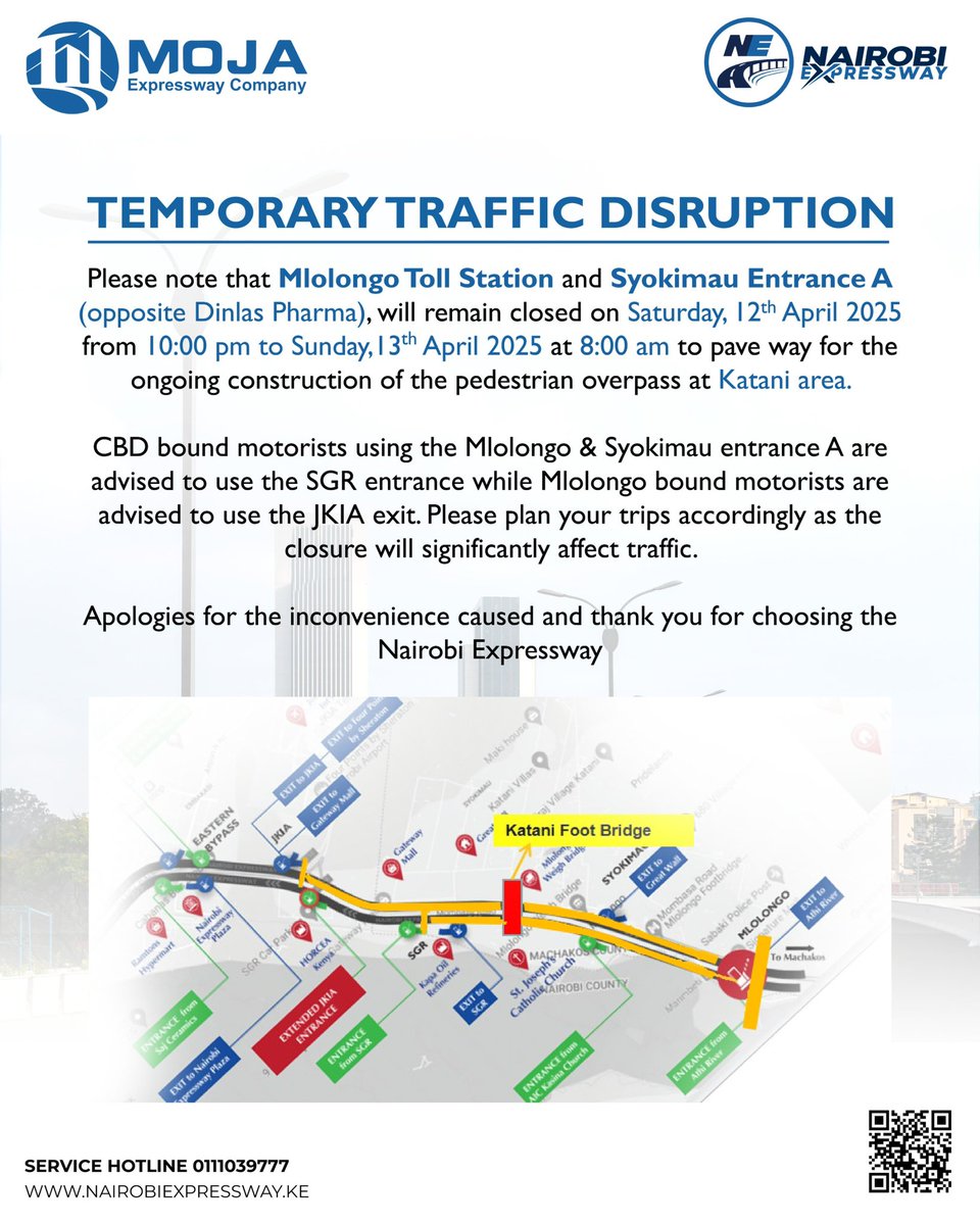 ‼️Temporary Traffic Disruption : Mlolongo Toll Station and Syokimau Entrance A will be CLOSED Sat 10PM - Sun 8AM. Plan your routes via SGR Entrance (CBD Bound) or JKIA Exit (Mlolongo Bound) 

#MOJAExpressway #NairobiExpressway #Comfort #Convenience #Connectivity #Expressway