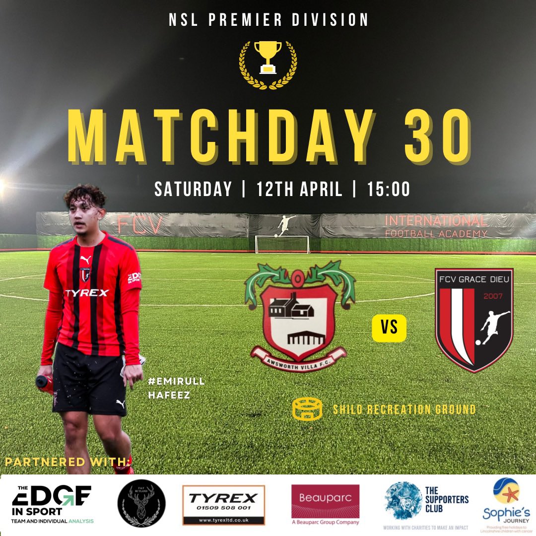 FCVGraceDieu's tweet photo. 🔴 FIXTURE ⚫️

Next up ⏭️ for our 5th consecutive game away from home, we travel to Awsworth in the search of at least 1 point to secure the league title. 

#TheAcademy

🆚 @AwsworthVilla 
🗓️ 12/04/25
🏆 @NottsSeniorLge
⏰ 15:00
🏟️ Recreation Ground, NG16 2SY https://t.co/2UmZiVaJeP