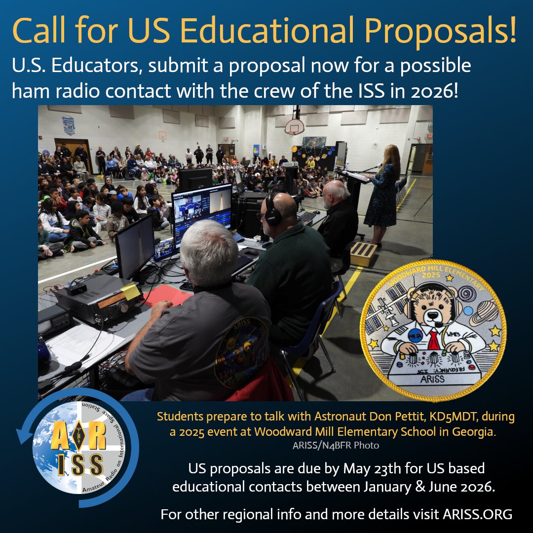 Reminder, the is a webinar tonight for US educators!   Learn about the ARISS-USA proposal process and how to submit a successful entry!

It starts at 8 PM ET / 5 PT on Zoom. Register at: us06web.zoom.us/meeting/regist…