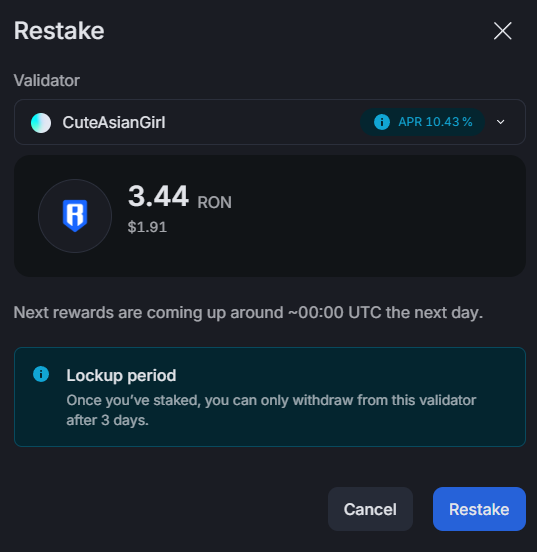 ⏰ Daily reminder:
💎 Don’t forget to restake your daily $RON rewards with the CAG validator — easy yield, every day!

And remember: for every 333 $RON you stake, you get 1 extra ticket for the raffles 🎟️🔥

🔗 CuteAsianGirl Validator:
app.roninchain.com/validator/0x82…