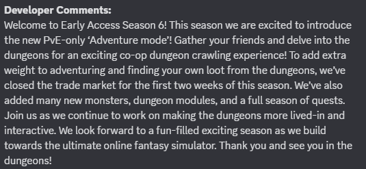 IronmaceGames's tweet photo. Greetings Adventurers! 

Wipe day is upon us, and Season 6 has begun! Here are the patch notes; 

Adventure mode arrives with the season, a new PVE coop mode where players can experience the dungeon crawling experience with PVP disabled! https://t.co/I1hV3JE8J9