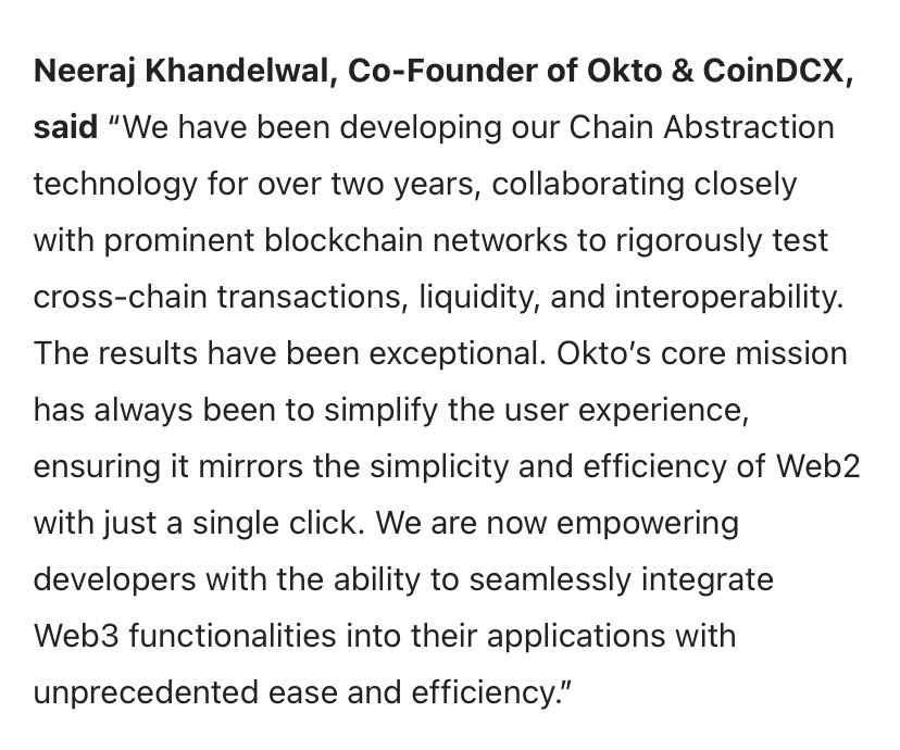 deba215's tweet photo. The image below shows what @neerajKh_ said about the effort put in to build @okto_web3 !
The world of Web3 has gone through a transition with the advent of #ChainAbstraction !
#BharatForWeb3 #OktoTech #OktoAmbassador
To understand the world before and after Okto’s chain abstraction, we need to look at the evolution of blockchain usability and how Okto’s technology aims to transform it.
Okto, developed by the team at CoinDCX, is a platform focused on simplifying the complexities of blockchain interactions through chain abstraction—a concept that hides the technical intricacies of multiple blockchains behind a seamless, user-friendly interface. Let’s break this down.
Today let’s look at :
▶️ The World Before Okto Chain Abstraction:
Before platforms like Okto introduced chain abstraction, the blockchain ecosystem was a fragmented and often intimidating space for both users and developers. Here’s what it looked like:
⭕️ Fragmented User Experience:
Interacting with Web3 meant managing multiple wallets, each tied to a specific blockchain (e.g., Ethereum, Solana, Binance Smart Chain). Users had to switch between wallets and networks manually, often needing separate tools for each chain. For example, transferring an asset from Ethereum to Solana required using bridges—clunky, third-party solutions that were slow, expensive, and prone to security risks (like the $600 million Ronin bridge hack in 2022).
⭕️ Technical Complexity:
Everyday tasks, like trading or sending tokens, demanded a steep learning curve. Users had to understand gas fees, nonce management, and network-specific quirks. A simple transaction could involve hours of research, high fees (sometimes exceeding the transaction value), and a constant risk of error—like sending funds to the wrong chain.
⭕️ Developer Challenges:
Building dApps was a nightmare. Developers had to write chain-specific code, integrate multiple protocols manually, and handle cross-chain interactions with bespoke solutions. This slowed development, increased costs, and limited innovation, as they were bogged down by blockchain plumbing rather than focusing on user experience or product features.
⭕️ Liquidity Silos:
Each blockchain operated as its own island, with liquidity trapped within its ecosystem. Moving value across chains was inefficient, often requiring centralized exchanges or risky bridges, which defeated the purpose of decentralization for many.
In short, the pre-Okto world was a maze of complexity, alienating mainstream users and stifling the scalability of Web3 applications. Blockchain promised a financial revolution, but its usability barriers kept it niche.
Tomorrow we will look at how Okto tackled this challenge to create a better #Web3 world for us 🤗.