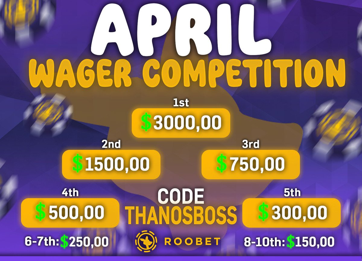 ThanosbossRolls's tweet photo. APRIL WAGER COMPETITION ON ROOBET WITH 7000$ PRIZE POOL🎉

The more you wager📈 = the more you earn🎁

✅TO JOIN   
CODE: THANOSBOSS   
or   
LINK: https://t.co/vQQ0Tv0n4D

Wager updates here: https://t.co/WgvKkg6Caq https://t.co/VHCAHr3Er3