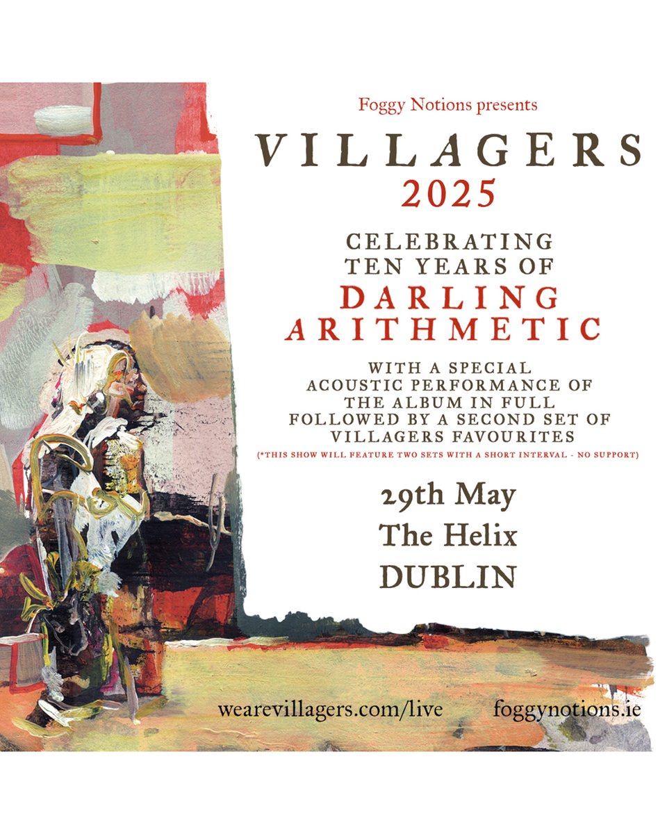 🥂Today we are celebrating the 10 year release of <a href="/wearevillagers/">Villagers</a> "Darling Arithmetic" album!  Villagers will be performing the album at 3 special shows next month in Paris, London &amp; <a href="/TheHelixDublin/">The Helix</a> 😁musicglue.com/villagers/shows <a href="/foggynotions/">Foggy Notions</a>