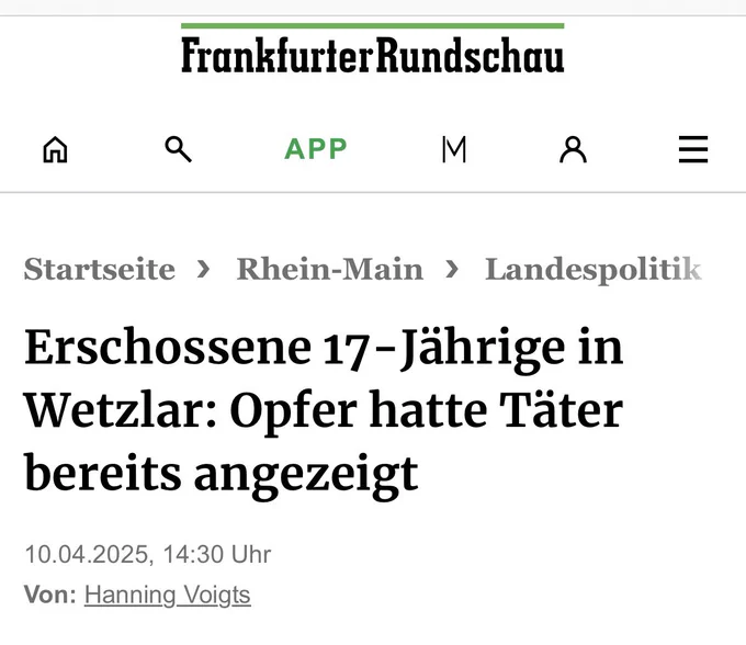 Screenshot FR „Erschossene 17-Jährige in Wetzlar: Opfer hatte Täter bereits angezeigt“