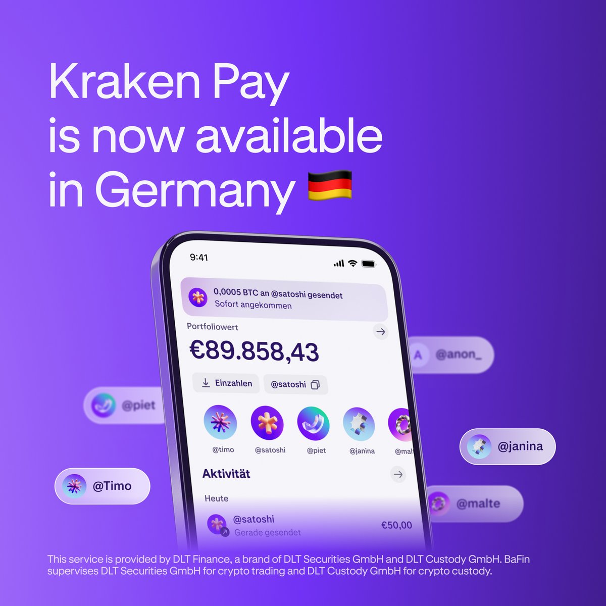 🇩🇪 Hallo Deutschland! Kraken Pay is now live! 💸 Send BTC, Euros & 100+  crypto & fiat currencies instantly to frens & fam with your unique Kraktag  – fast, easy, and hassle-free.