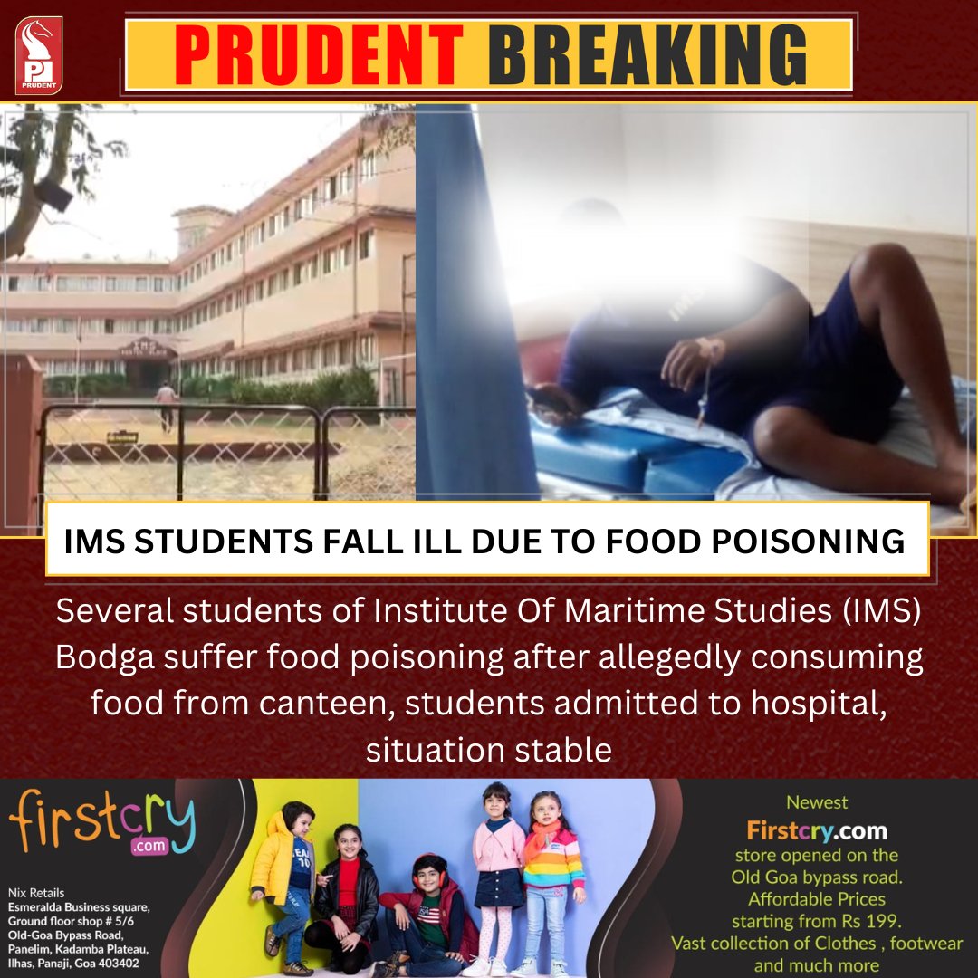 prudentgoa's tweet photo. Several students of Institute Of Maritime Studies (IMS) Bodga suffer food poisoning after allegedly consuming food from canteen, students admitted to hospital, situation stable
#Goa #IMS #Bogda #Food #Poisoning https://t.co/JvfoZ9P1wC
