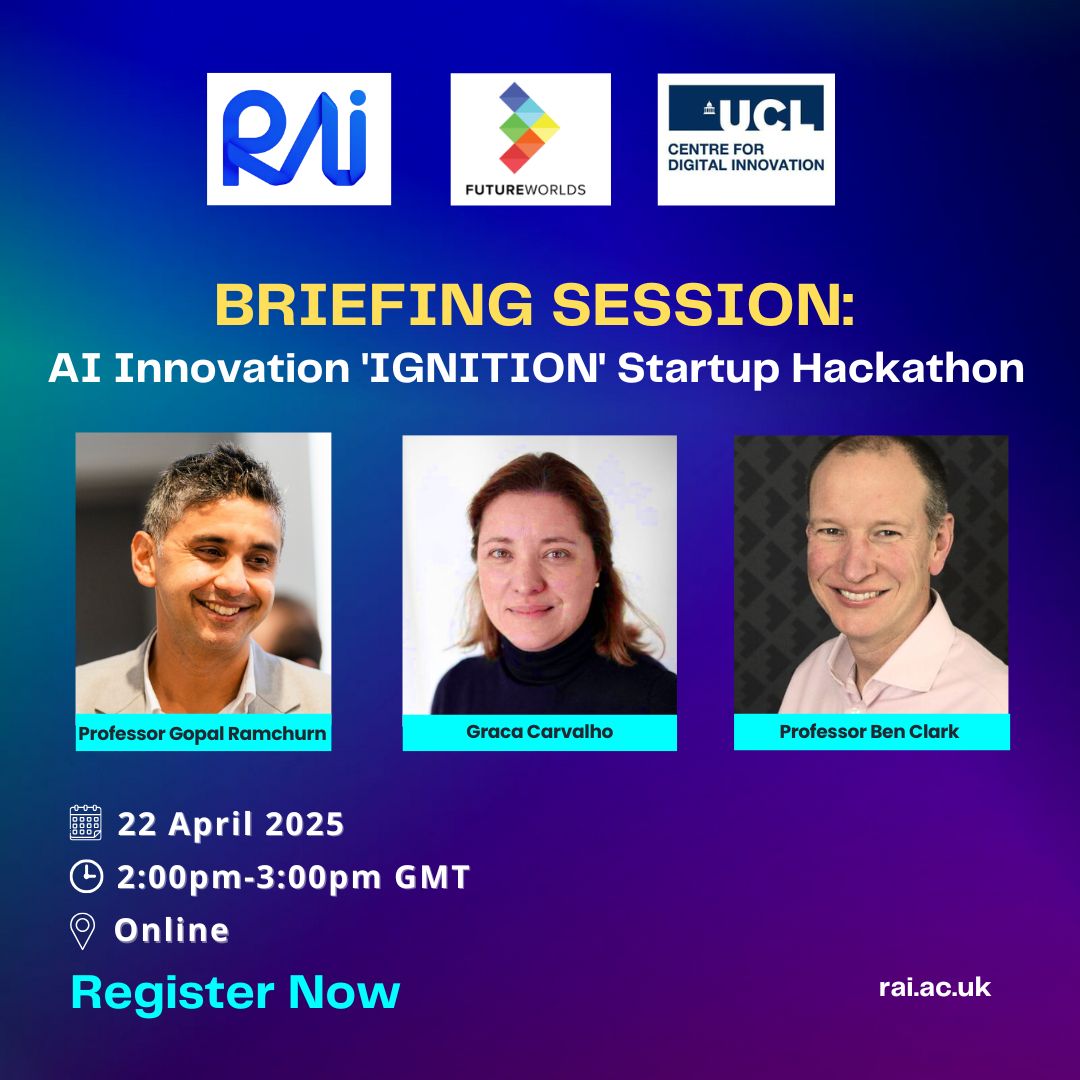 Responsible Ai UK (@responsibleaiuk) on Twitter photo 📢Join us for a Briefing Session to know more about our first-ever IGNITION AI Start-up Hackathon, a unique opportunity to take your #AI idea from spark to start-up. <a href="/FutureWorlds/">Future Worlds</a> <a href="/UCL_CDI/">UCL Centre for Digital Innovation</a> <a href="/gramchurn/">Gopal Ramchurn</a>
📅 22 April 2025, 2-3PM #webinar
🔗 Register Now: events.teams.microsoft.com/event/39636d8a… 📢Join us for a Briefing Session to know more about our first-ever IGNITION AI Start-up Hackathon, a unique opportunity to take your #AI idea from spark to start-up. <a href="/FutureWorlds/">Future Worlds</a> <a href="/UCL_CDI/">UCL Centre for Digital Innovation</a> <a href="/gramchurn/">Gopal Ramchurn</a>
📅 22 April 2025, 2-3PM #webinar
🔗 Register Now: events.teams.microsoft.com/event/39636d8a…
